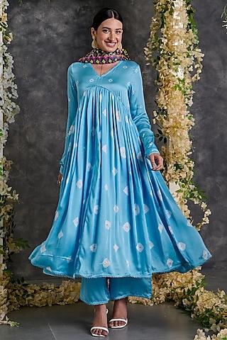 blue modal satin bandhani anarkali set