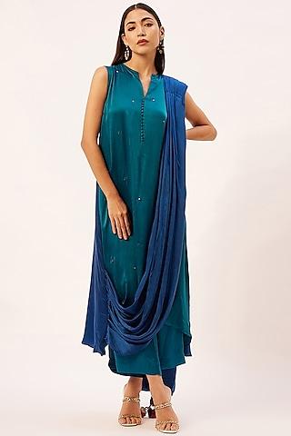 blue modal satin draped kurta set