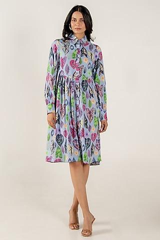 blue modal satin floral leaf printed mini shirt dress