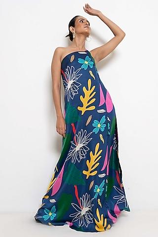 blue modal satin floral printed one-shoulder maxi dress