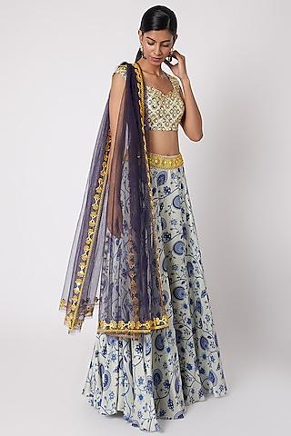 blue modal satin printed & embroidered lehenga set