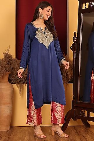 blue modal satin zari embroidered kashmiri kurta set