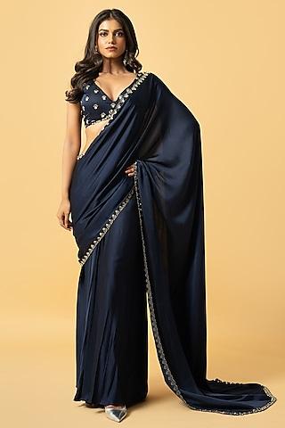 blue modal satin zari hand embroidered pre-draped saree set
