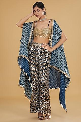 blue modal silk ajrakh printed & embroidered cape set