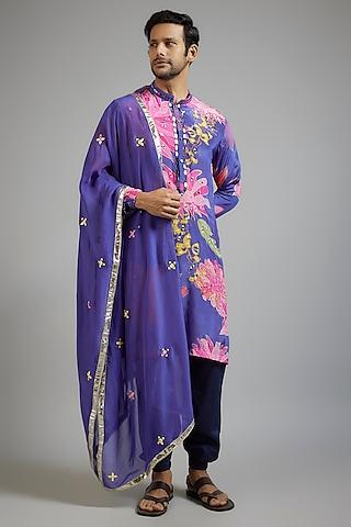 blue modal silk floral printed & mirror embroidered kurta set