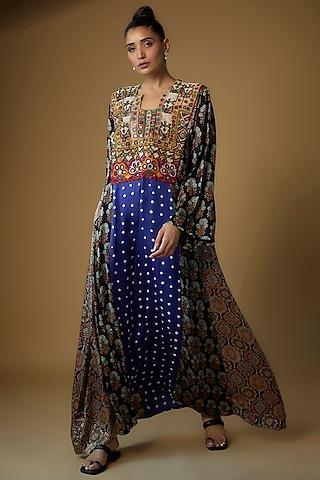 blue modal silk printed & embroidered tunic