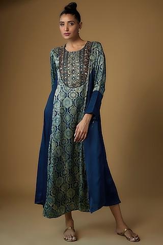 blue modal silk printed & embroidered tunic