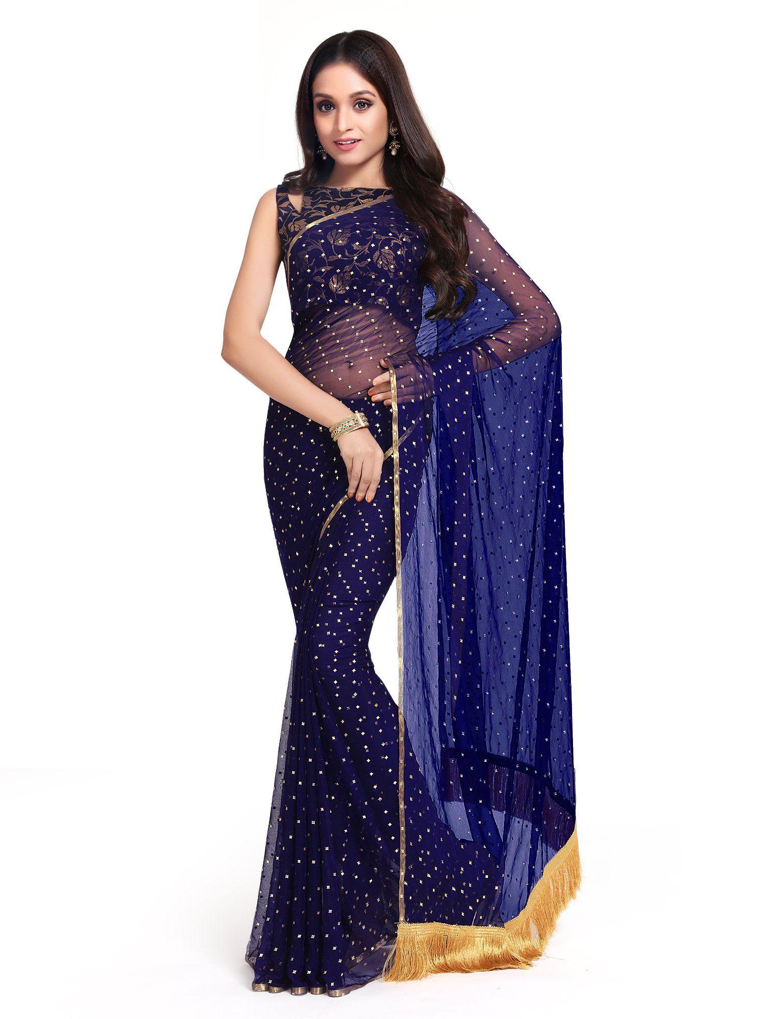 blue mukaish embellished saree with unstitched blouse