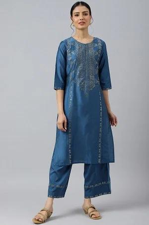 blue mukaish placement print kurta