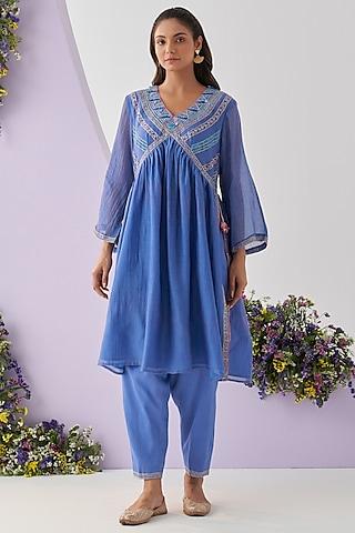 blue mul chanderi resham embroidered kurta set