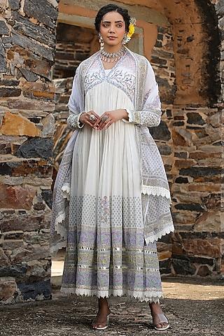 blue mul cotton embroidered & printed anarkali set