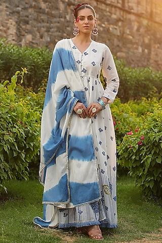 blue mul cotton embroidered & printed anarkali set