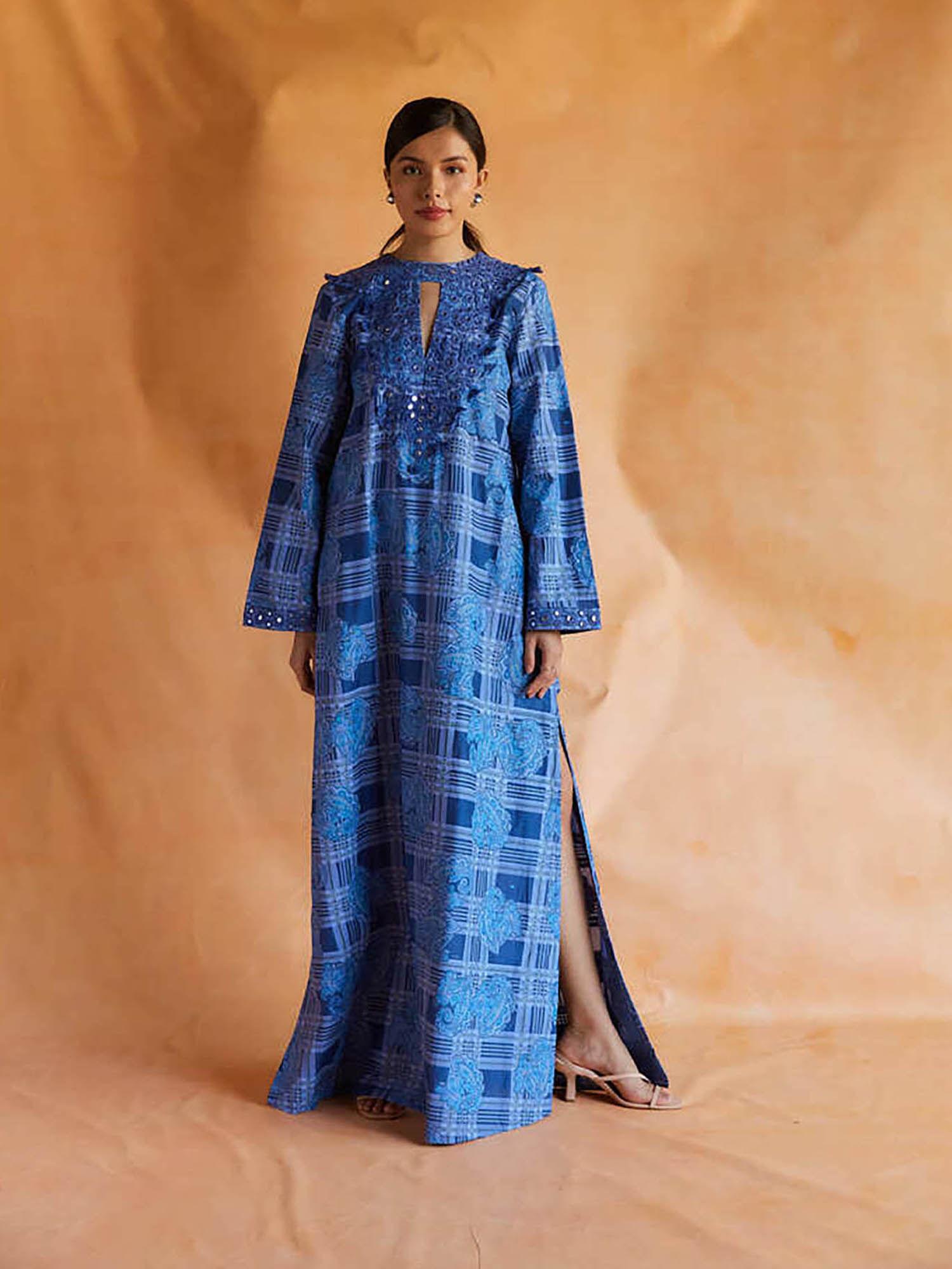 blue mul printed and embroidered kaftan