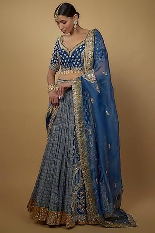 blue mulmul & velvet printed lehenga set