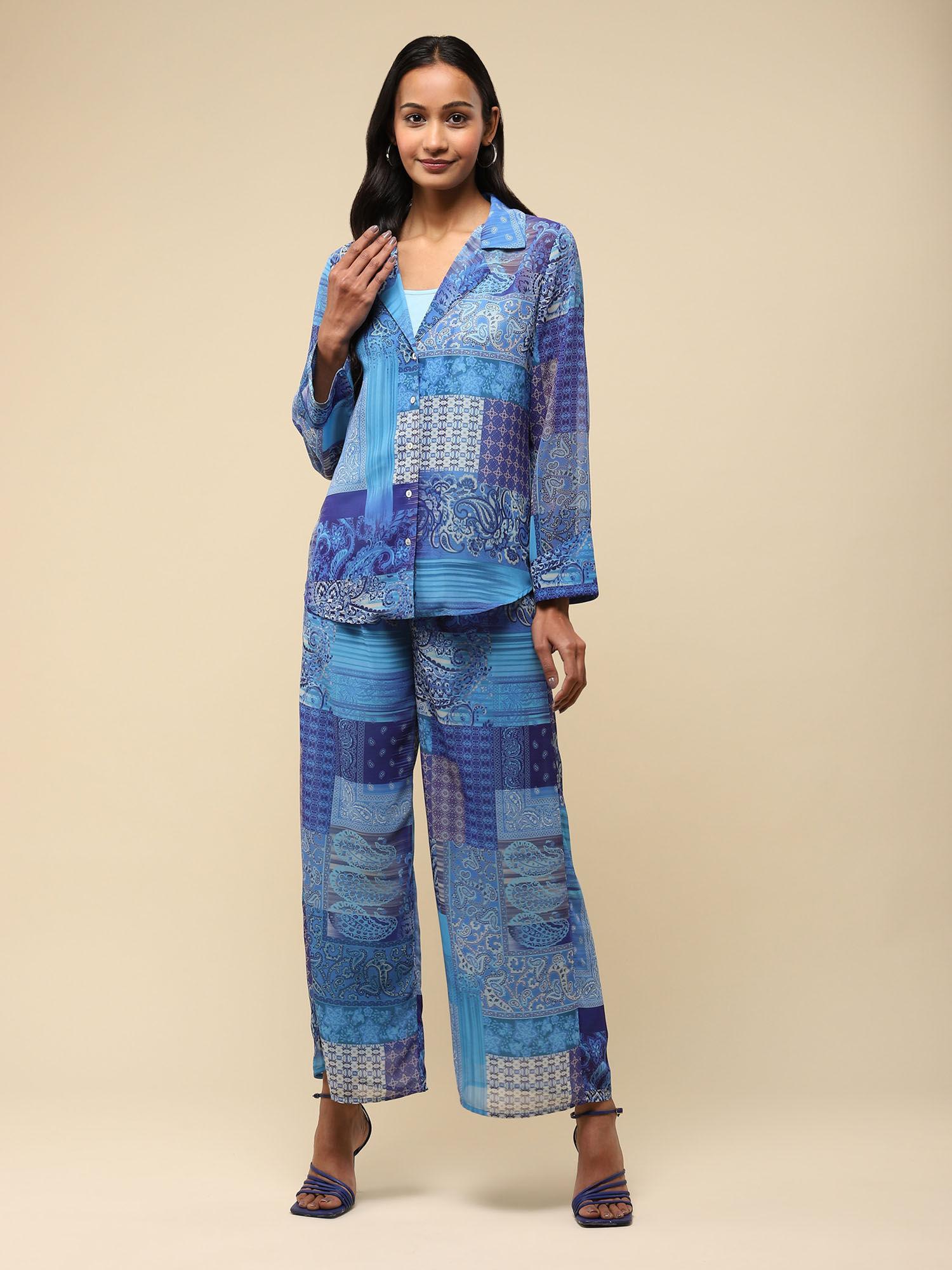 blue multi-color abstract print shirt with pant & inner co-ord (set of 3)