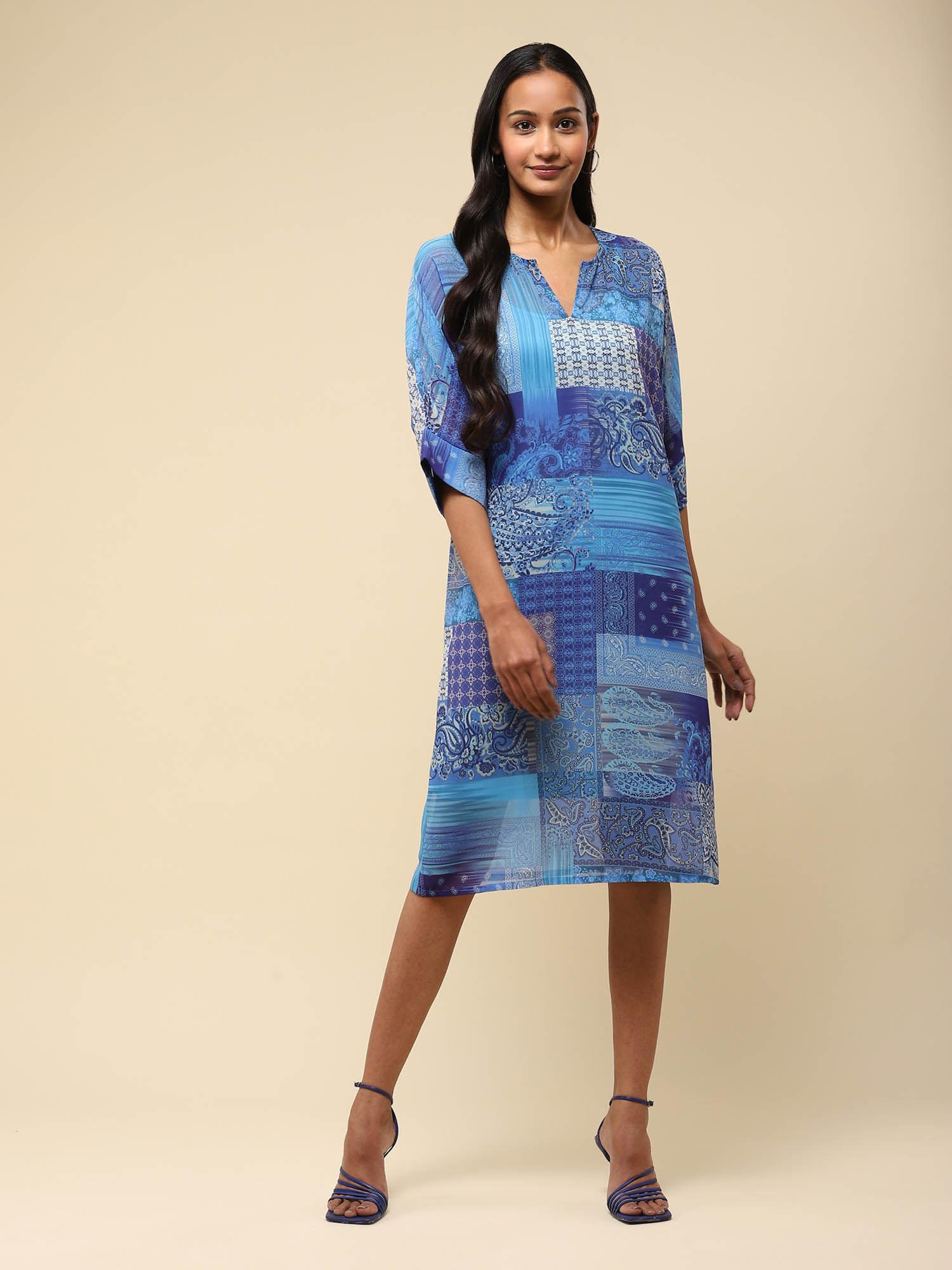 blue multi color paisley print oversize kurta dress with camisole (set of 2)