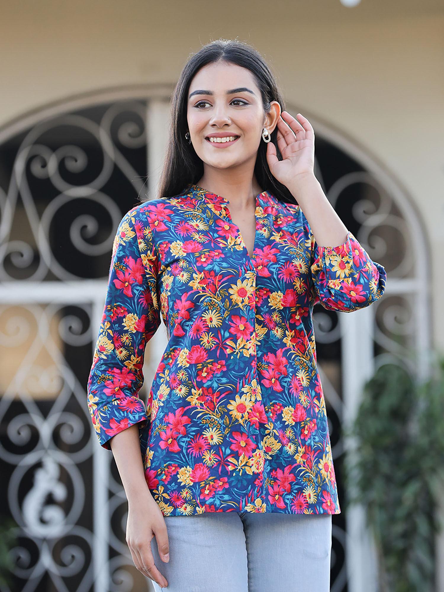 blue multi-coloured floral print cotton tunic