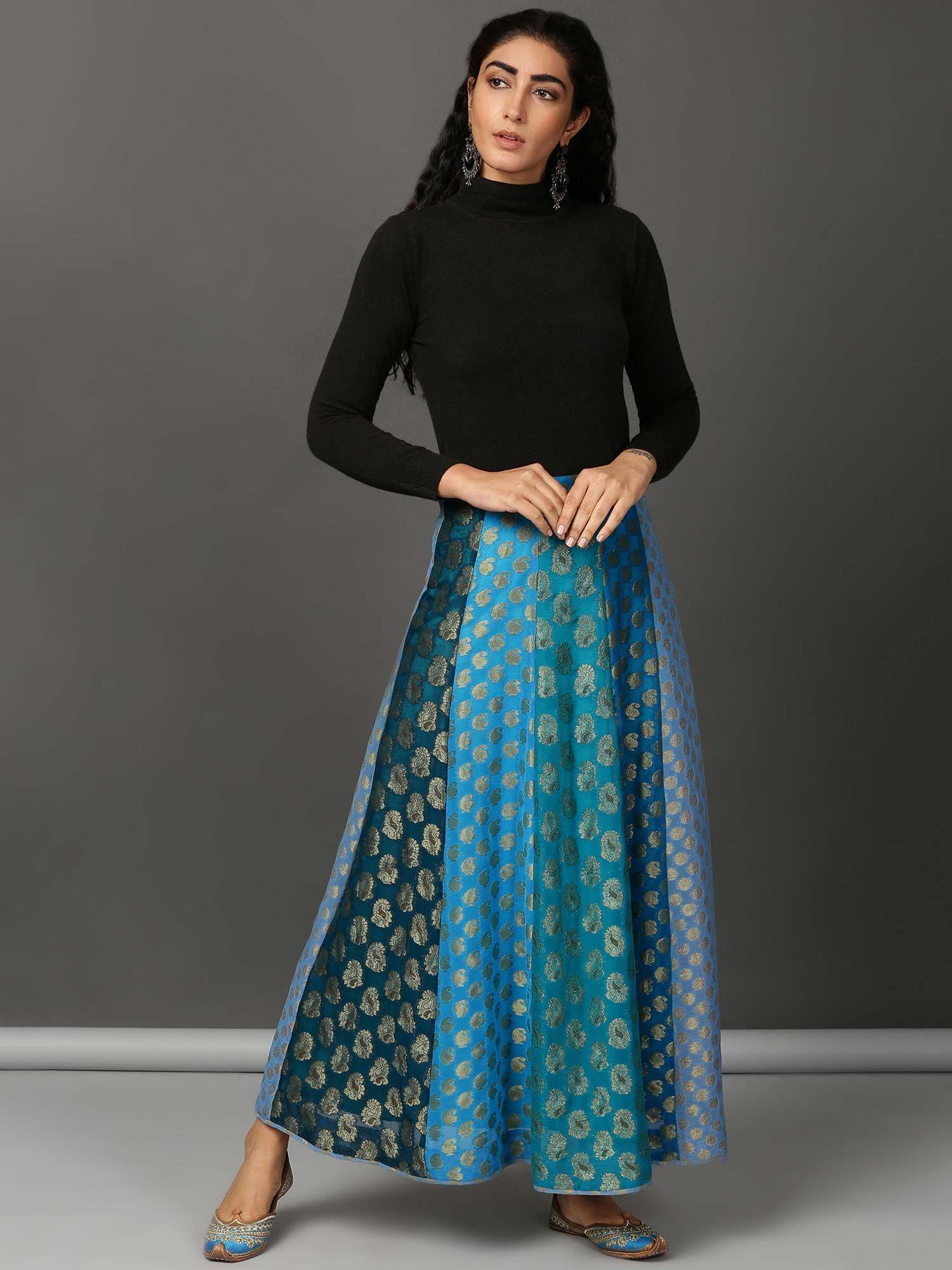 blue multi georgette panel skirt