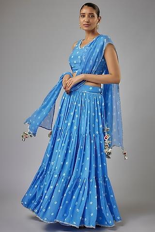 blue muslin hand-tied bandhej printed lehenga set