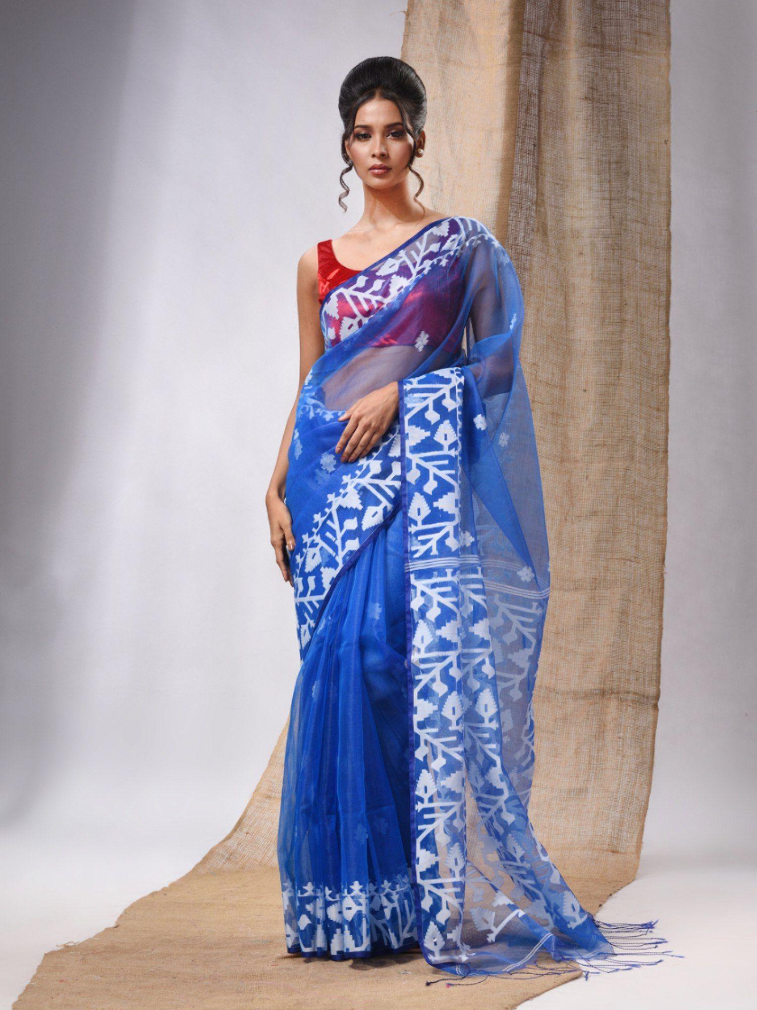 blue muslin handwoven saree with jamdani designs & unstitched blouse