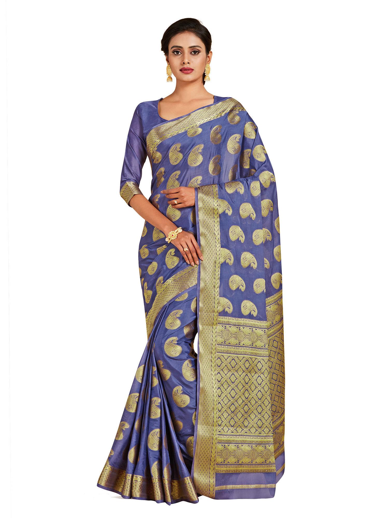 blue mysore silk style crepe saree with unstitched blouse