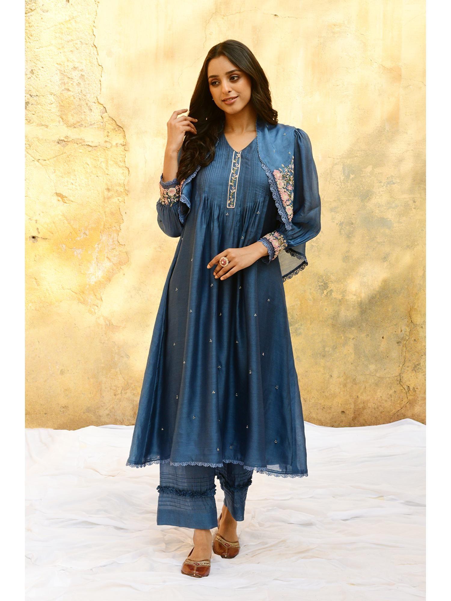 blue mystic knot jacket style kurta and pant with jacket (set of 3)