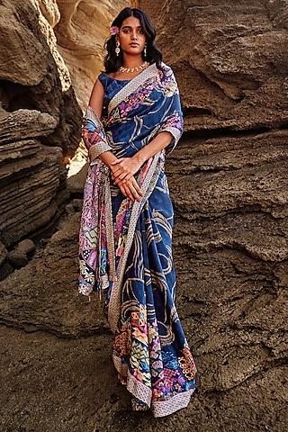 blue natural crepe abstract floral printed & crystal embellished saree set