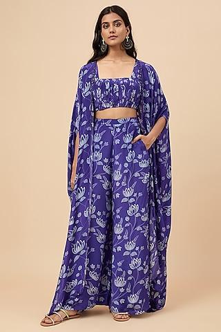 blue natural crepe hand embroidered & floral printed cape set