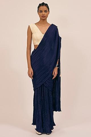 blue natural silk pleated saree set