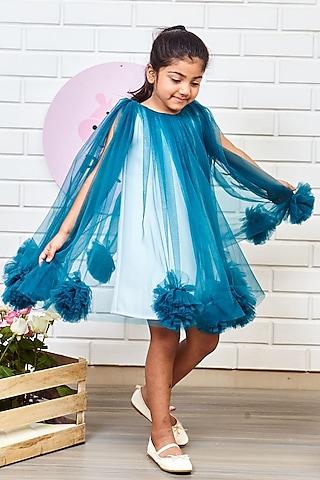 blue neoprene & net layered dress for girls
