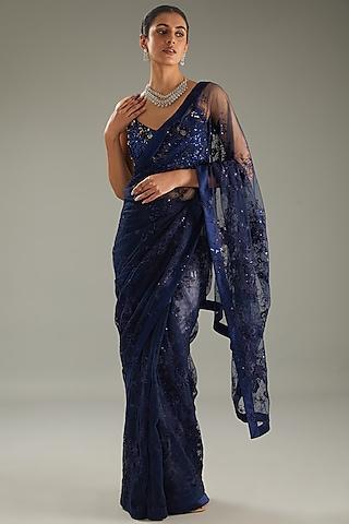 blue net 3d floral hand embroidered saree set