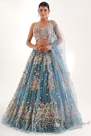 blue net gota work lehenga set