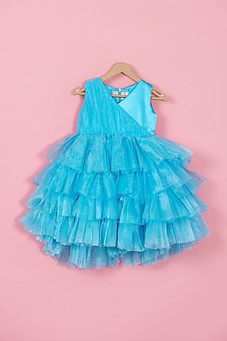 blue net ruffled dress for girls