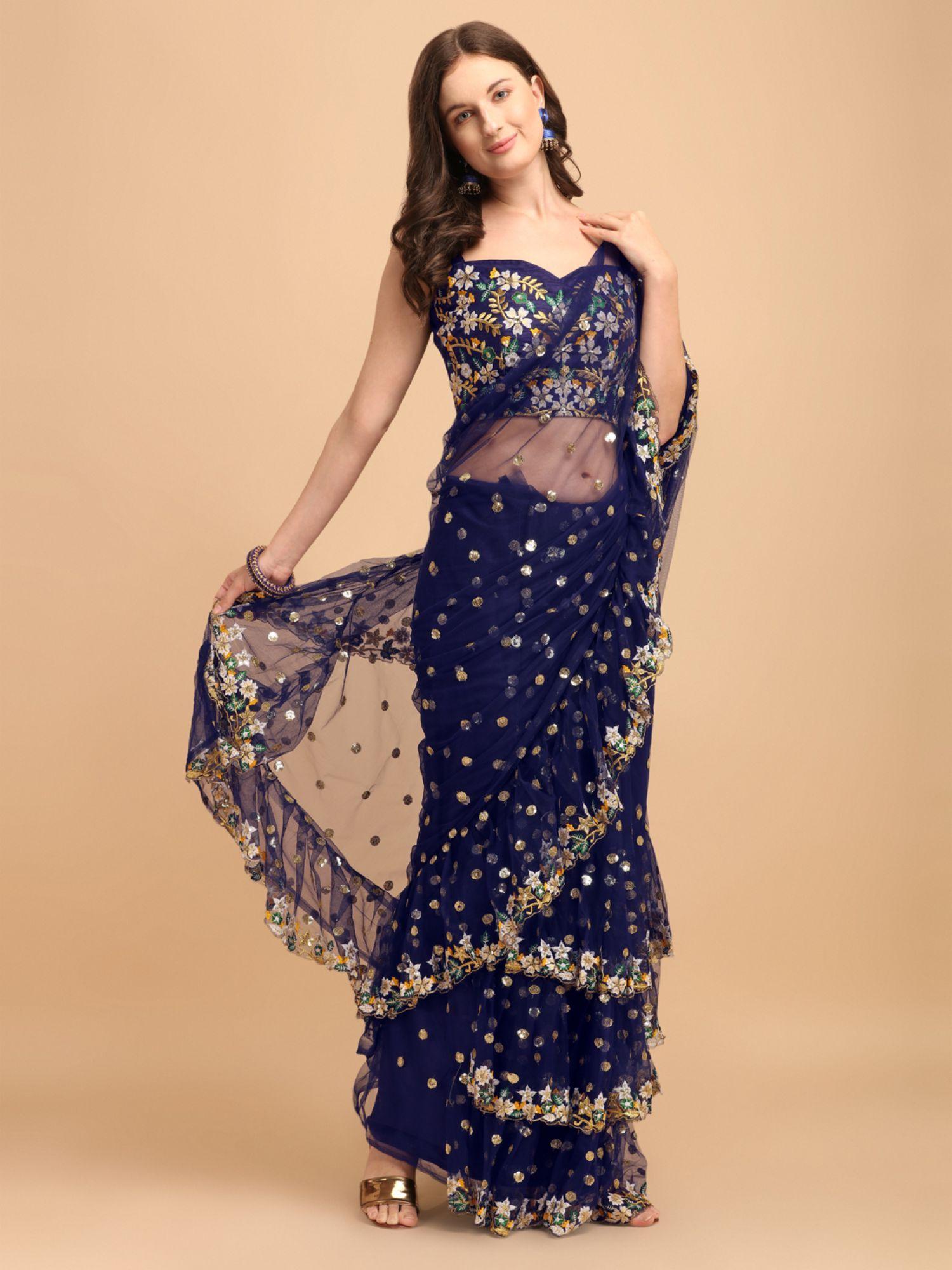 blue net sequinned embroidered ruffled saree with unstitched blouse