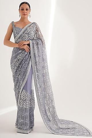 blue net sequins hand embroidered saree set