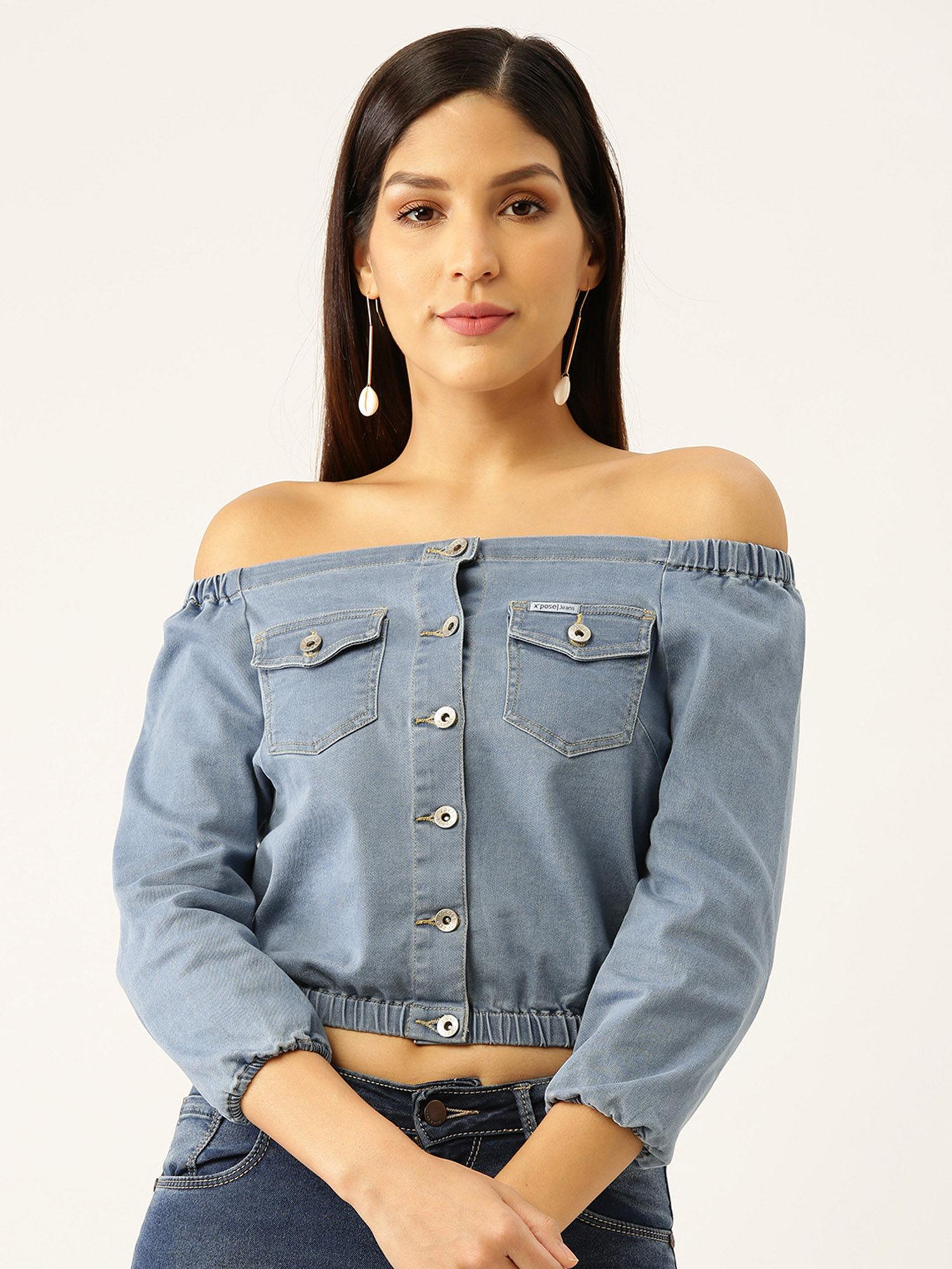 blue off-shoulder denim bardot crop top