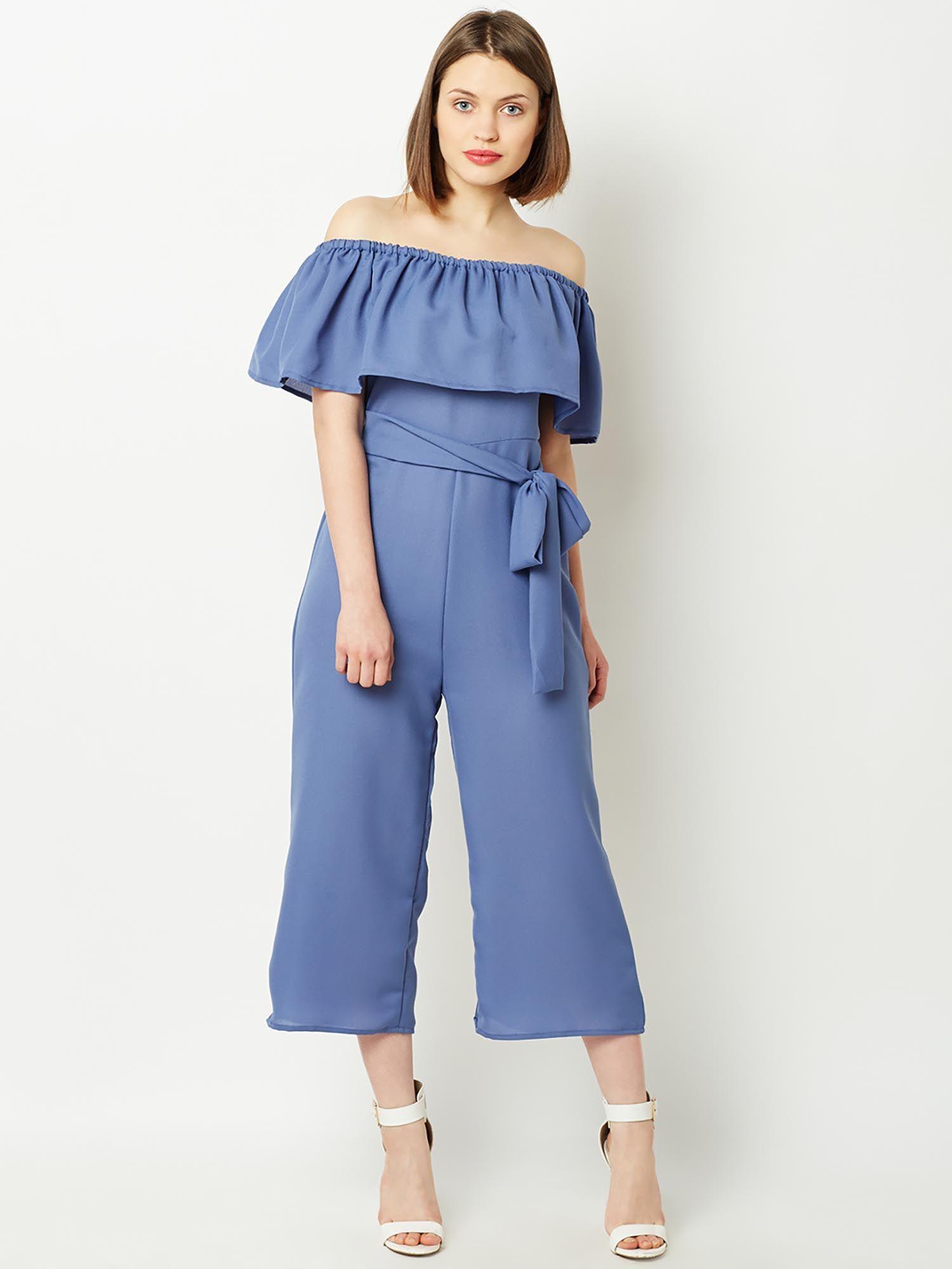 blue off shoulder jumpsuit