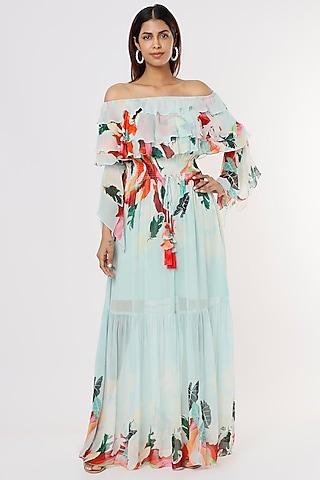 blue off shoulder maxi dress