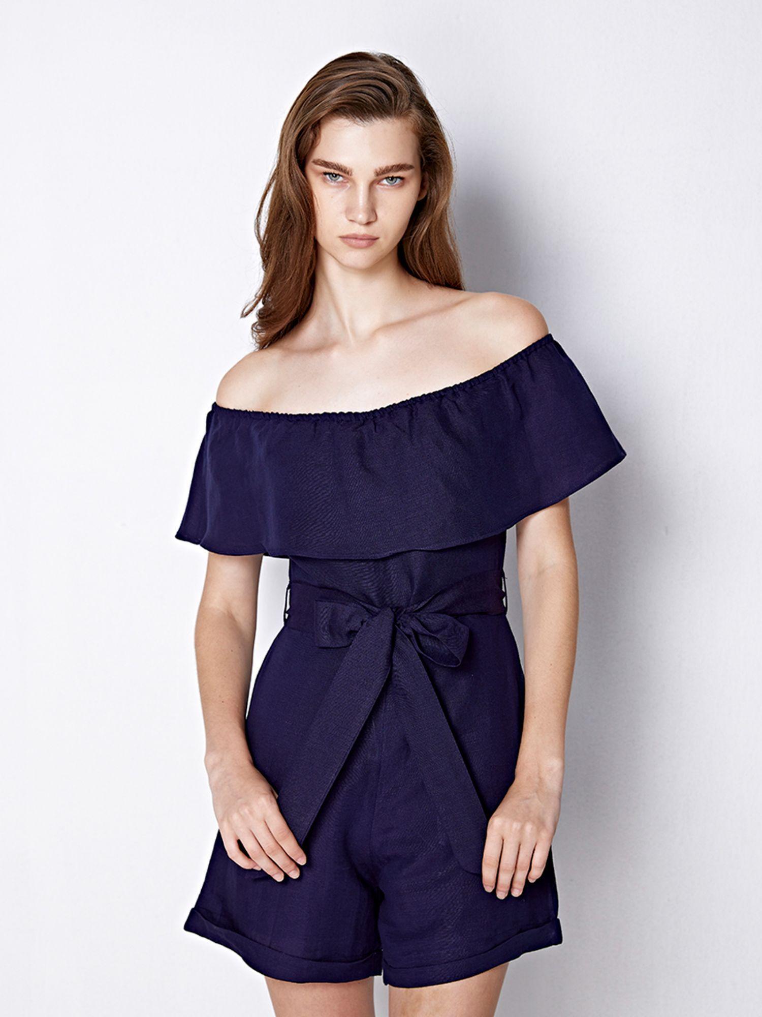 blue off shoulder solid playsuit (set of 2)