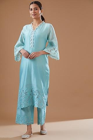 blue ombre chanderi silk embroidered kurta set