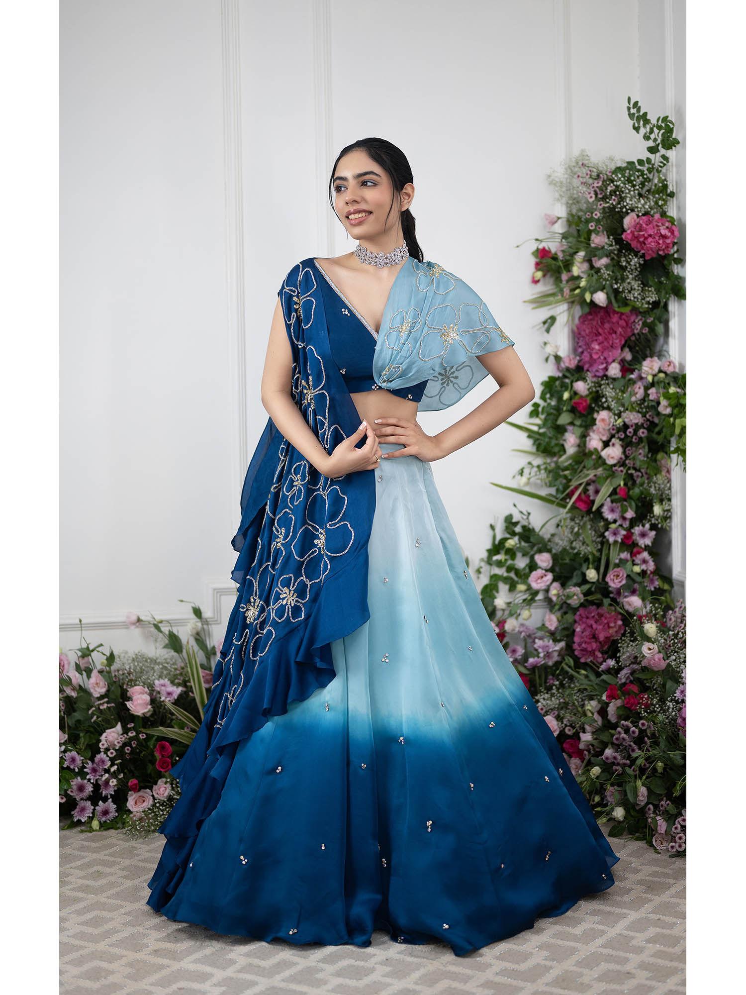 blue ombre embroidered lehenga with blouse and cape (set of 3)