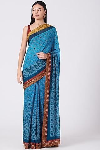 blue ombre georgette ajrakh printed & embroidered saree
