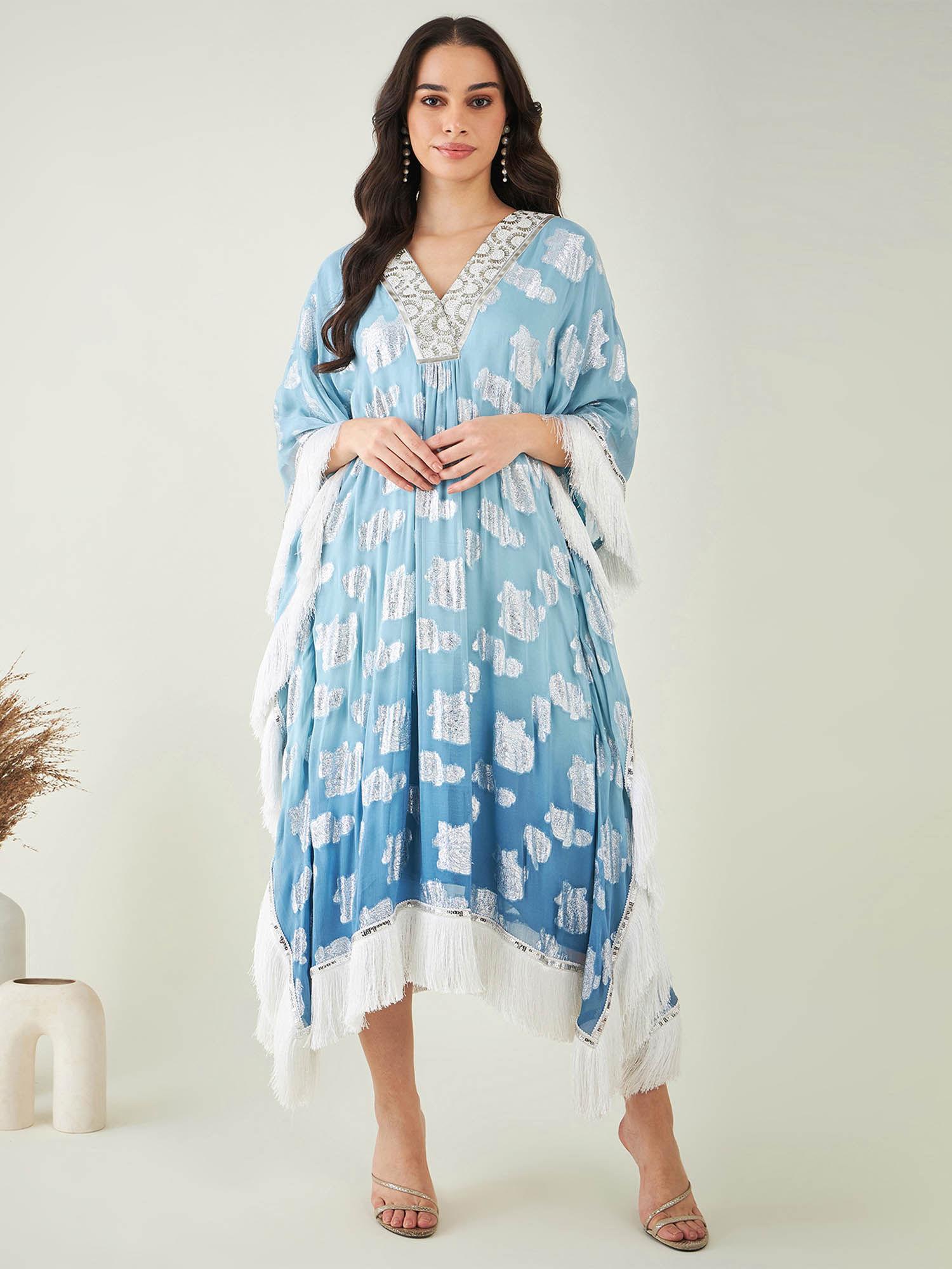 blue ombre lurex mid length kaftan with fringe detail