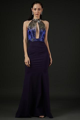 blue ombre net embroidered gown