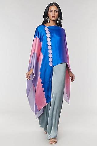 blue ombre printed scalloped detailed cape top