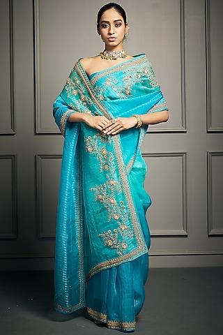 blue ombre zardosi embroidered saree set