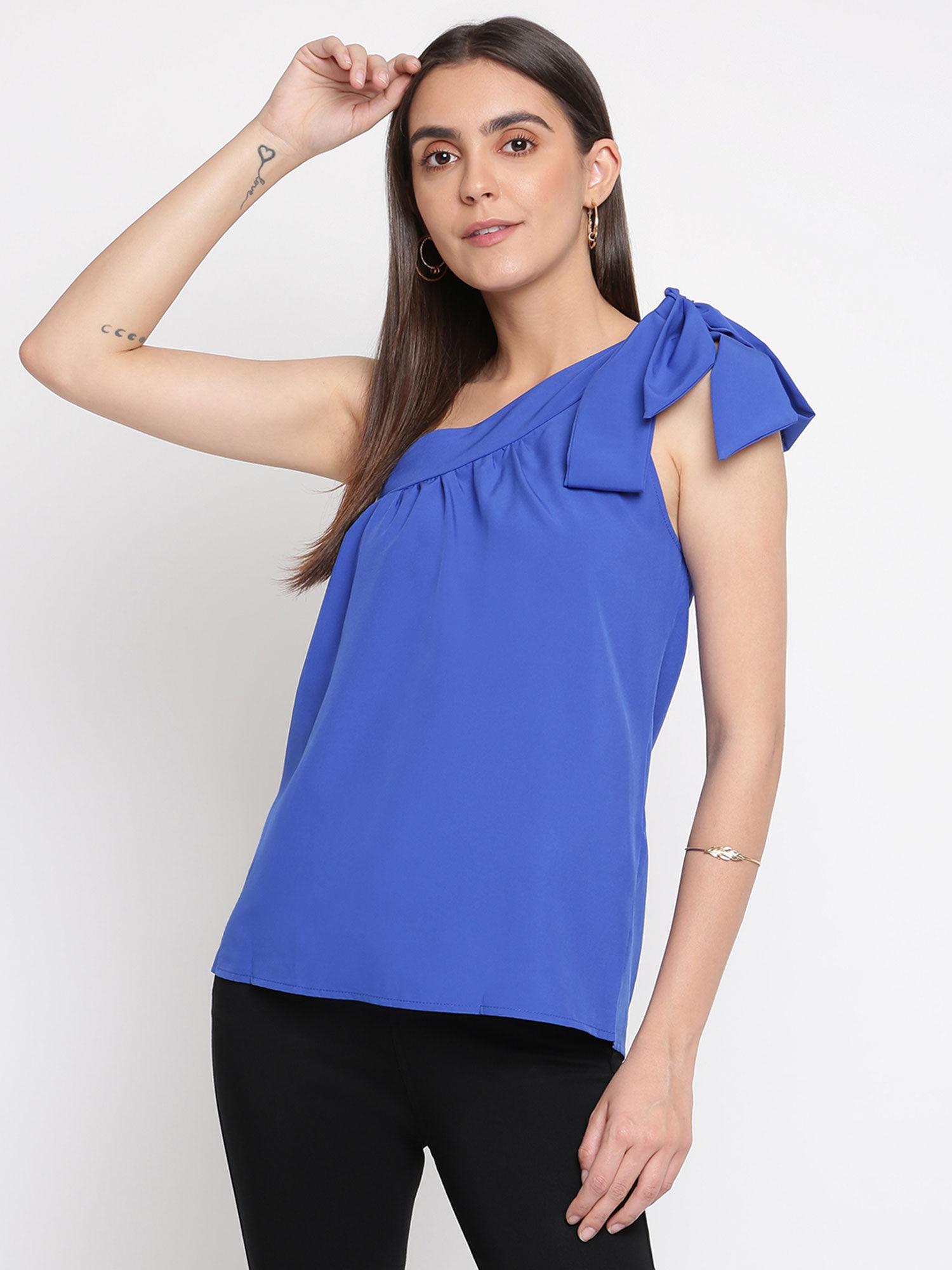 blue one shoulder gathered top