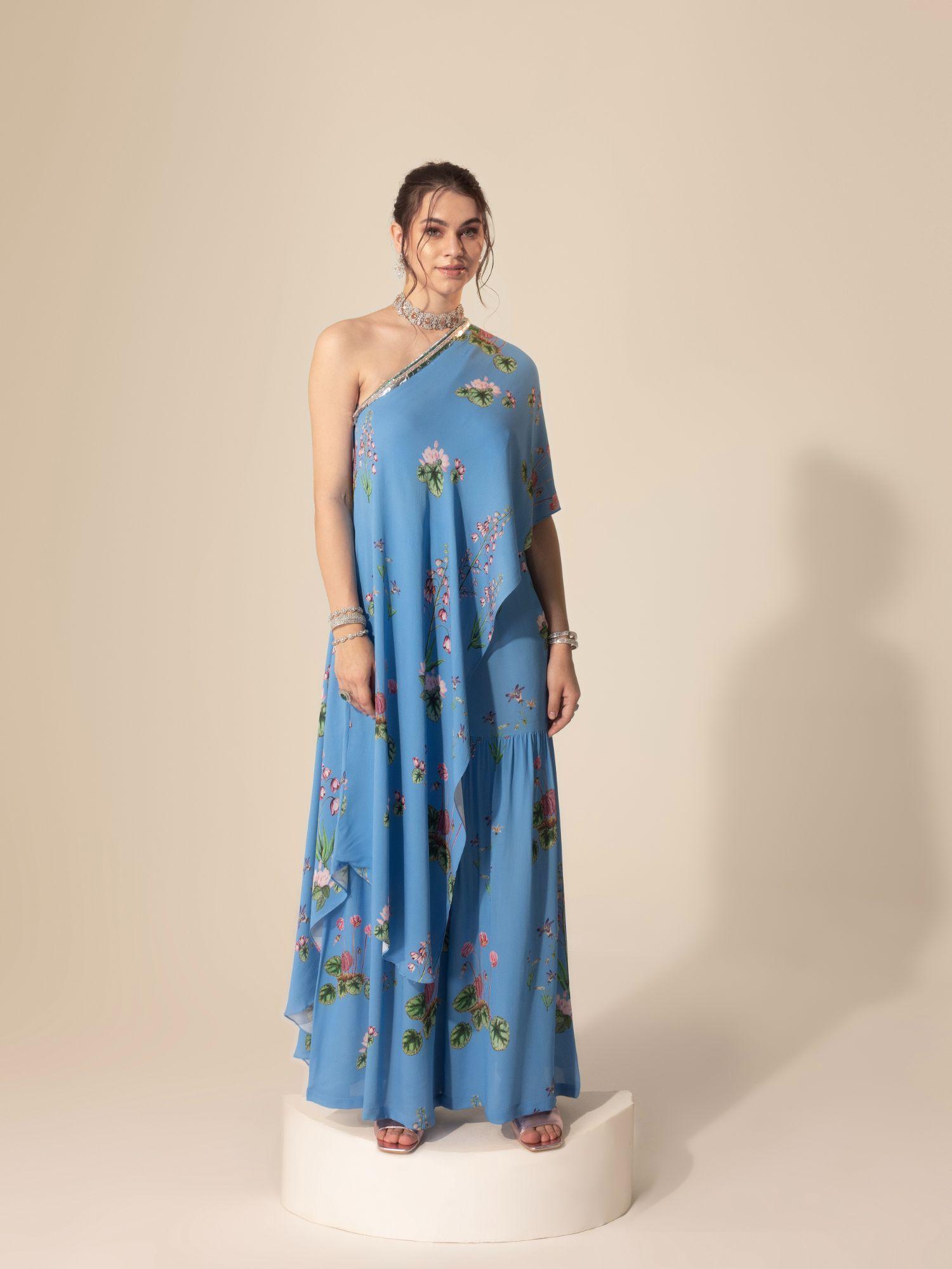 blue one shoulder tunic with sharara (set of 2)
