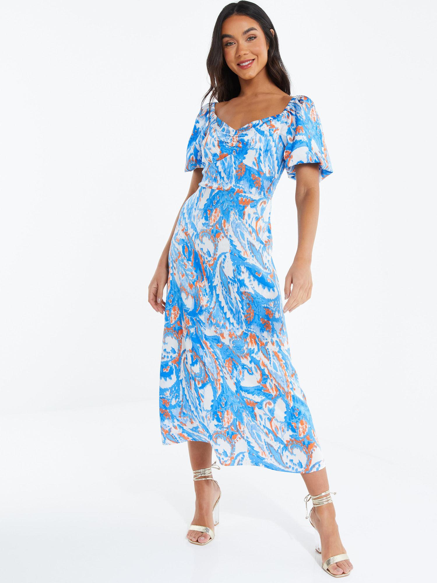 blue orange smudge print ruched maxi dress