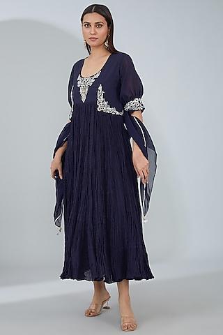 blue organic cotton hand embroidered maxi dress with scarf